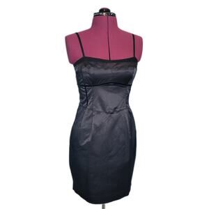 LaROK Y2K Black Satin Bustier Bodycon Dress Velvet & Chiffon Details LBD sz S